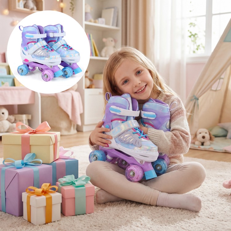 Kids roller skates in blue with light-up wheels, featuring adjustable sizing and a butterfly design, perfect for.