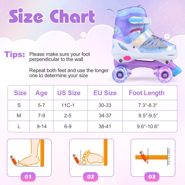Size chart for kids roller skates in blue, showing adjustable sizes and foot length measurements for ages 7-9.