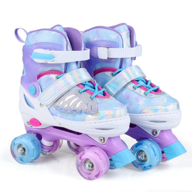 Kids roller skates in blue with butterfly design, featuring adjustable sizing and four light-up wheels for toddlers.