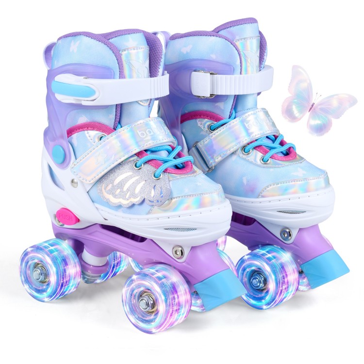 Kids roller skates in blue with butterfly design and light-up wheels, adjustable for toddlers ages 5-7.