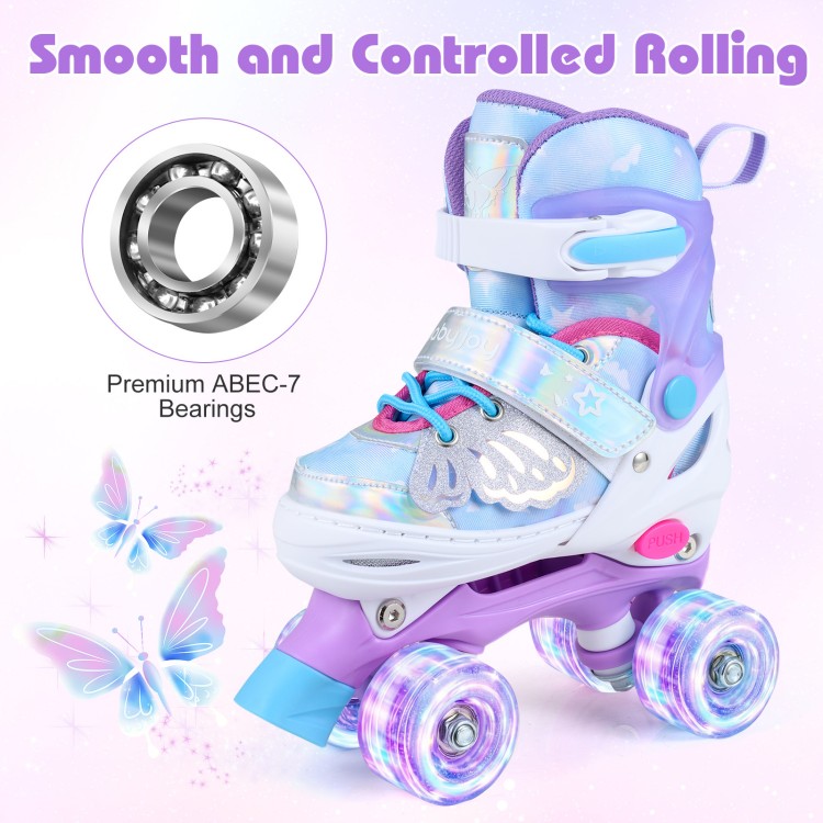 Kids roller skates in blue with light-up wheels, featuring adjustable sizing and premium ABEC-7 bearings for smooth.
