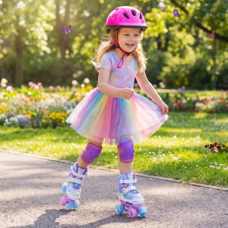 Colorful kids roller skates with light-up wheels, perfect for toddlers ages 5-7, designed for outdoor fun and beginner.