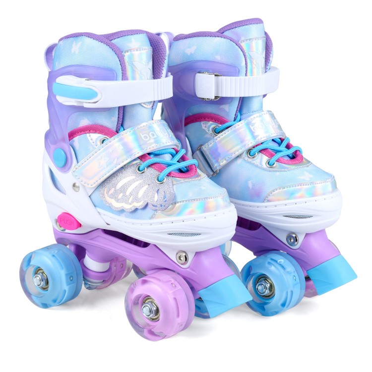 Kids roller skates in blue with butterfly design, featuring adjustable sizing and light-up wheels for toddlers ages 5-7.