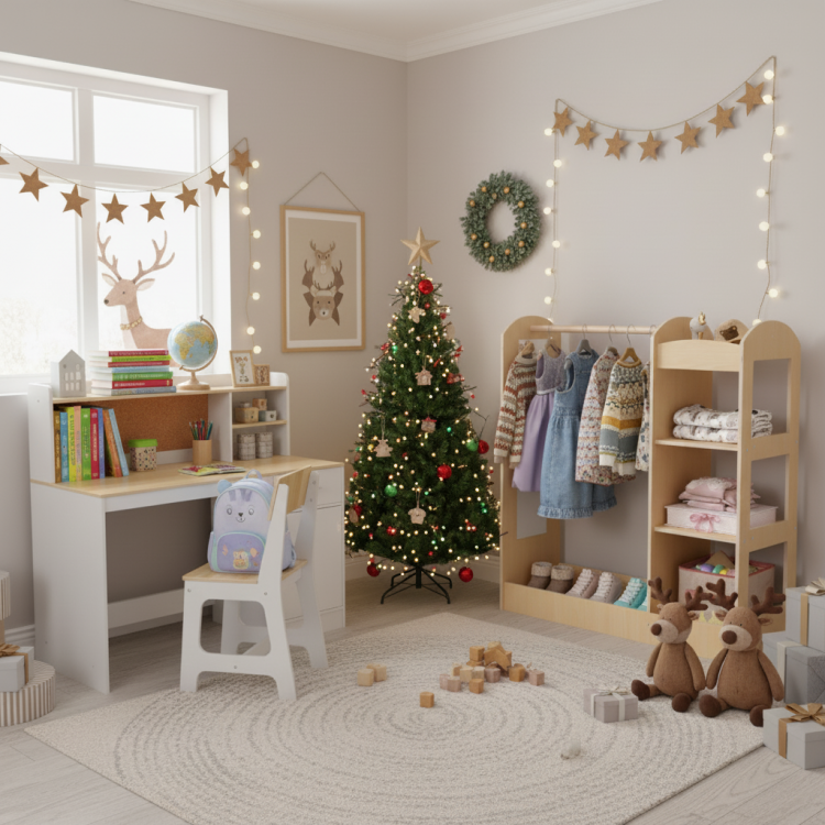 Kids room set featuring a natural study desk, chair, recliner, and 4-ft Christmas tree for festive, functional decor.