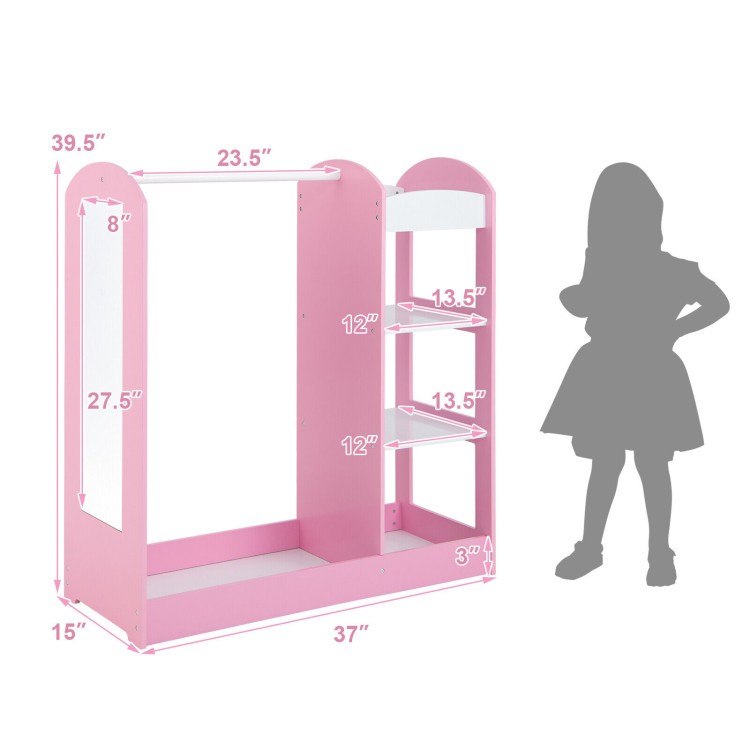 Natural dress-up storage wardrobe in pink with shelves and mirror, perfect for organizing costumes and accessories.