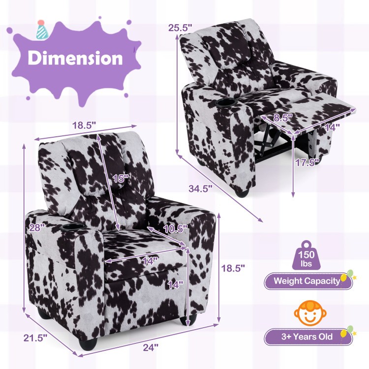 Kids recliner in black & white with footrest and cup-holder, perfect for reading and relaxing in a child's room.