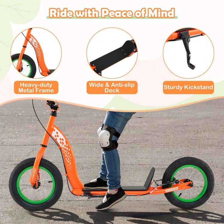 Kids scooter in orange with adjustable handlebar, 12-inch inflatable wheels, and a wide non-slip deck for stability.