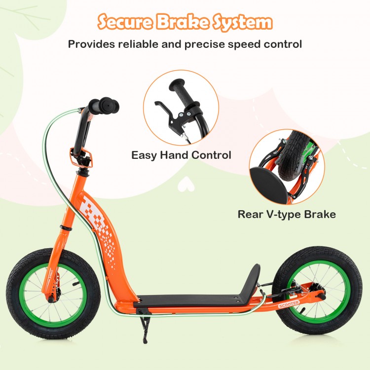 Kids scooter in orange with 12-inch inflatable wheels, adjustable handlebar, and secure handbrake for safe riding.
