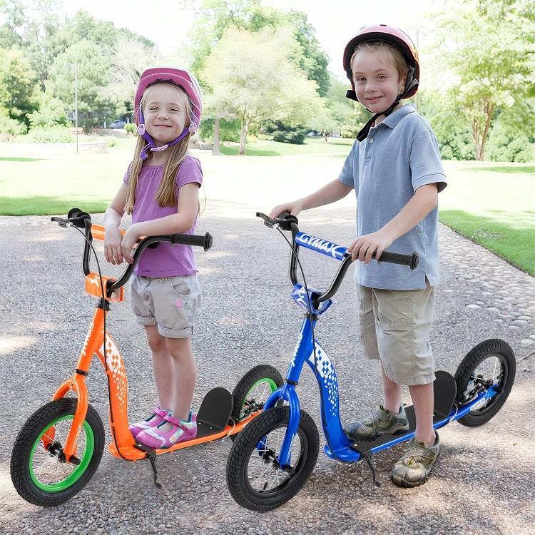 Kids riding orange and blue youth kick scooters with adjustable handlebars and 12-inch inflatable wheels for outdoor.