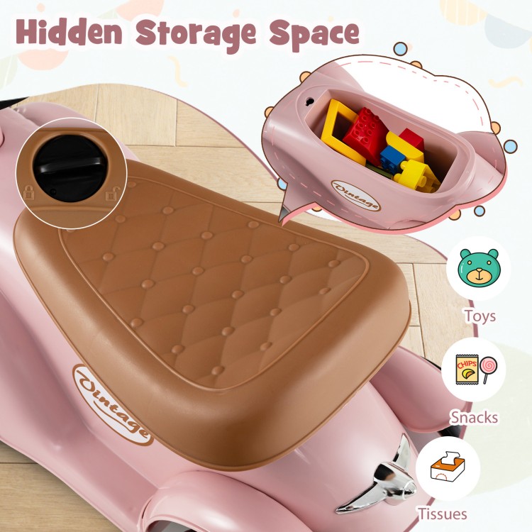 Under-seat storage of the pink kids sit-to-stand vehicle, perfect for toys, snacks, and tissues for fun rides.