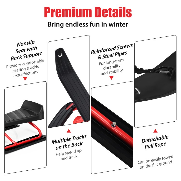 Kids snow sled in red with steering wheel, double brakes, and pull rope for easy transport and stability on snowy hills.