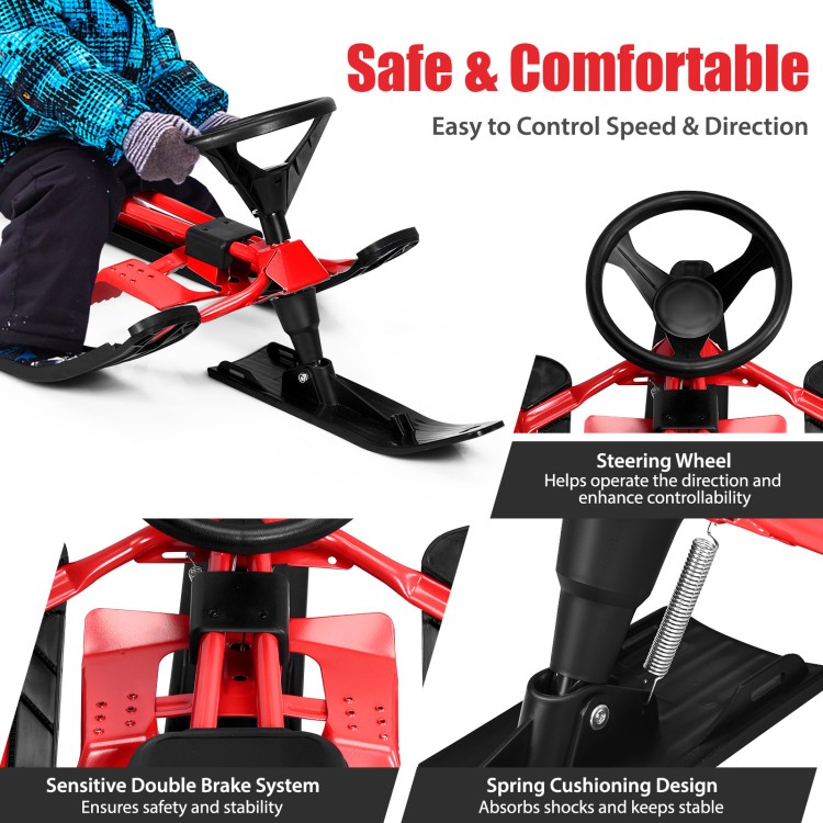 Kids snow sled in red featuring a steering wheel, double brakes, and a comfortable seat for safe outdoor fun.