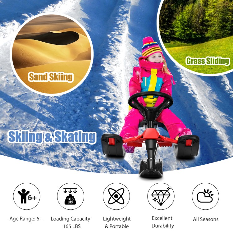 Kids snow sled in red with steering wheel and double brakes, designed for ages 6+, perfect for outdoor fun.