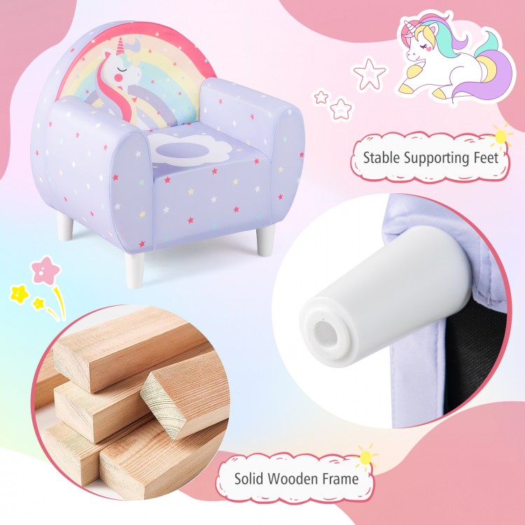 Kids sofa in purple with unicorn patterns, featuring a solid wooden frame and stable feet for comfort and safety.
