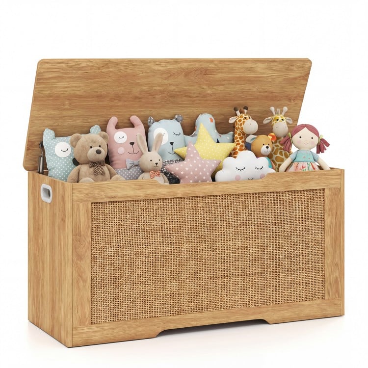 Kids storage bench with flip-top, rattan texture, and handles, perfect for toy organization in playrooms or bedrooms.