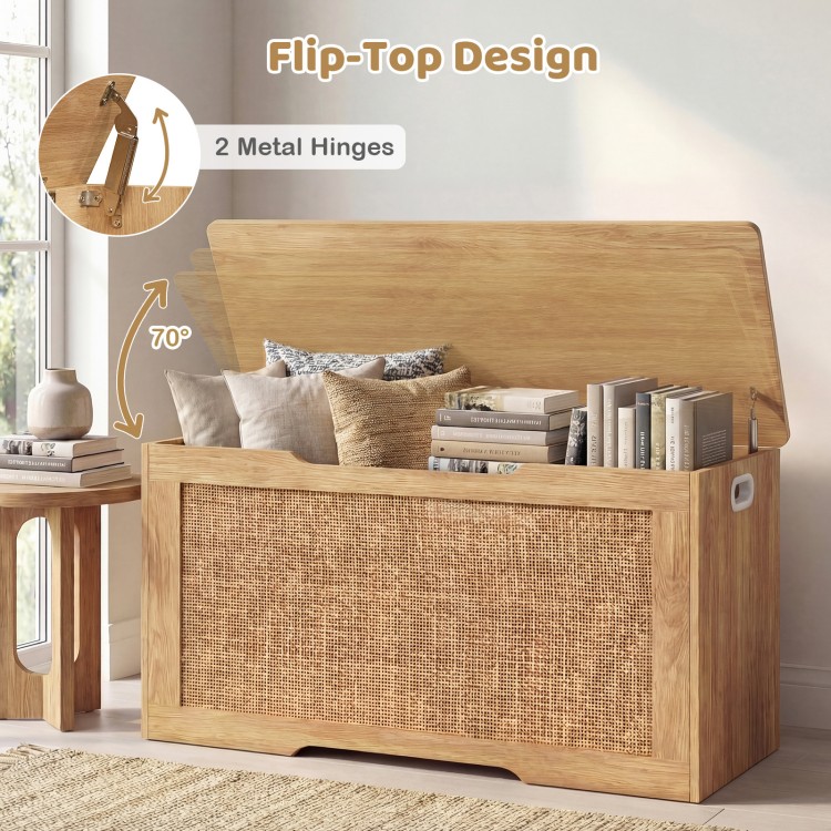 Kids storage bench with flip-top design, rattan texture, and soft-close hinges for safe toy storage and easy access.