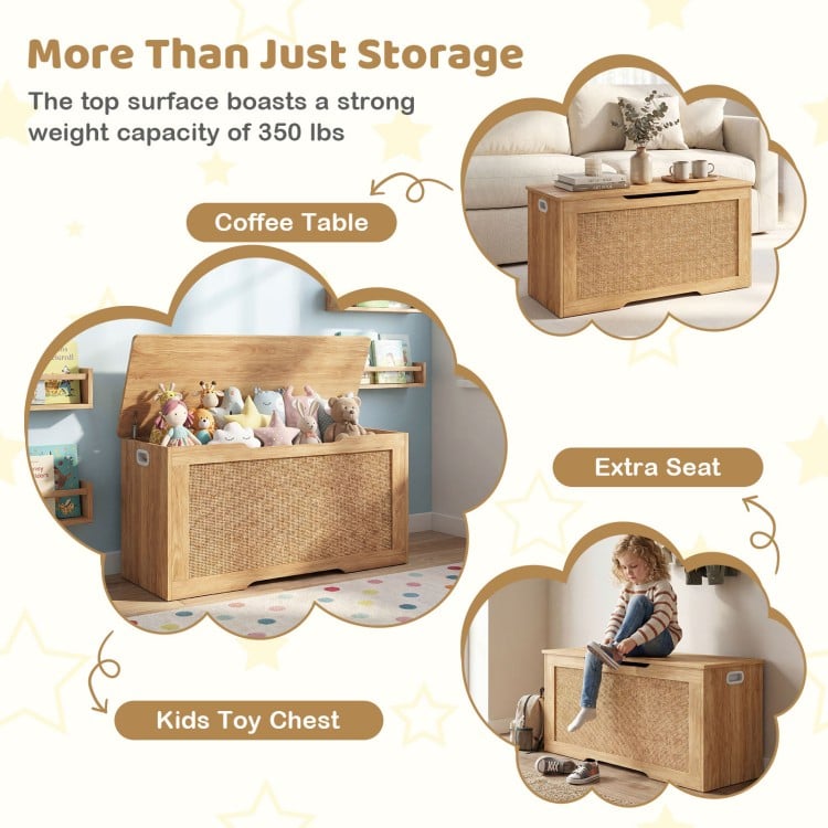 Kids storage bench with flip top, rattan texture, and handles, ideal for toy storage and as a coffee table.