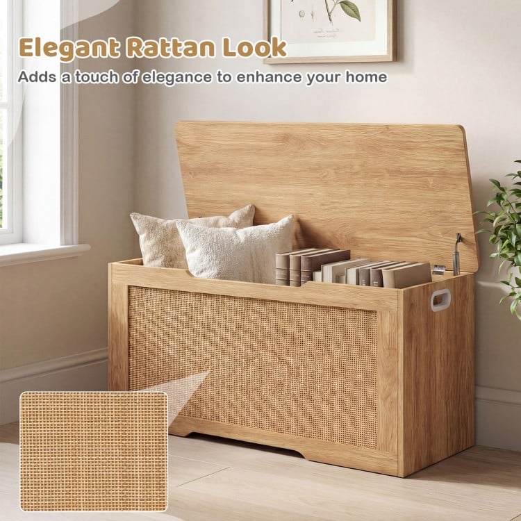 Kids storage bench with flip-top design, natural wood finish, and rattan texture, perfect for toy organization and.