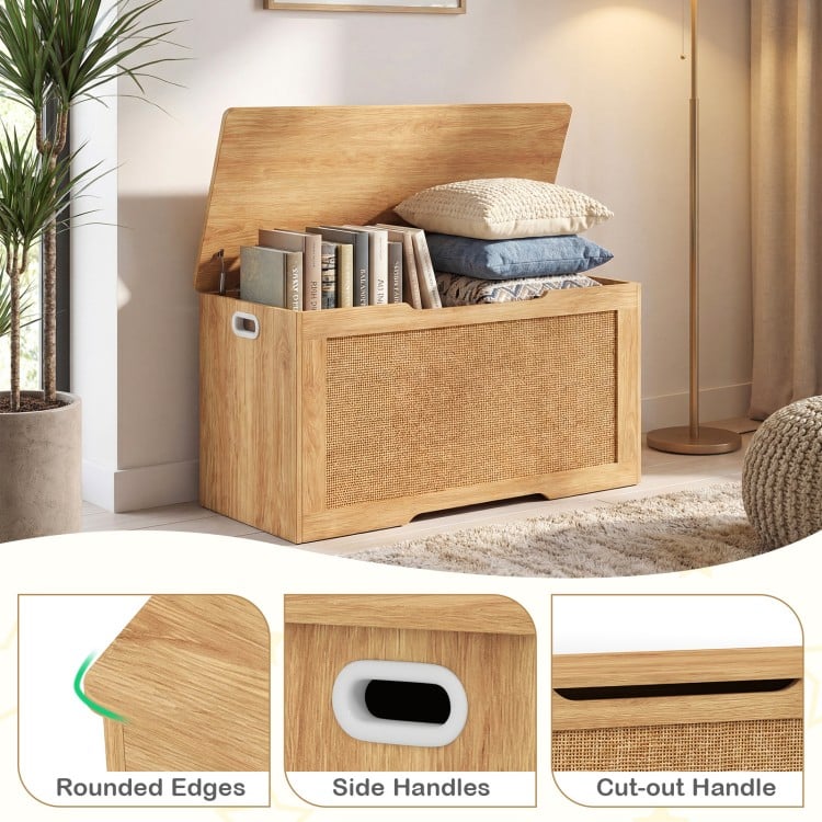 Kids storage bench with flip-top, rattan texture, and side handles, perfect for toys and versatile use in any room.