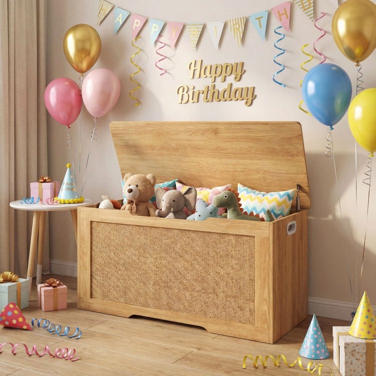 Natural wood kids storage bench with rattan texture, flip-top design, and soft-close hinges for toy organization.