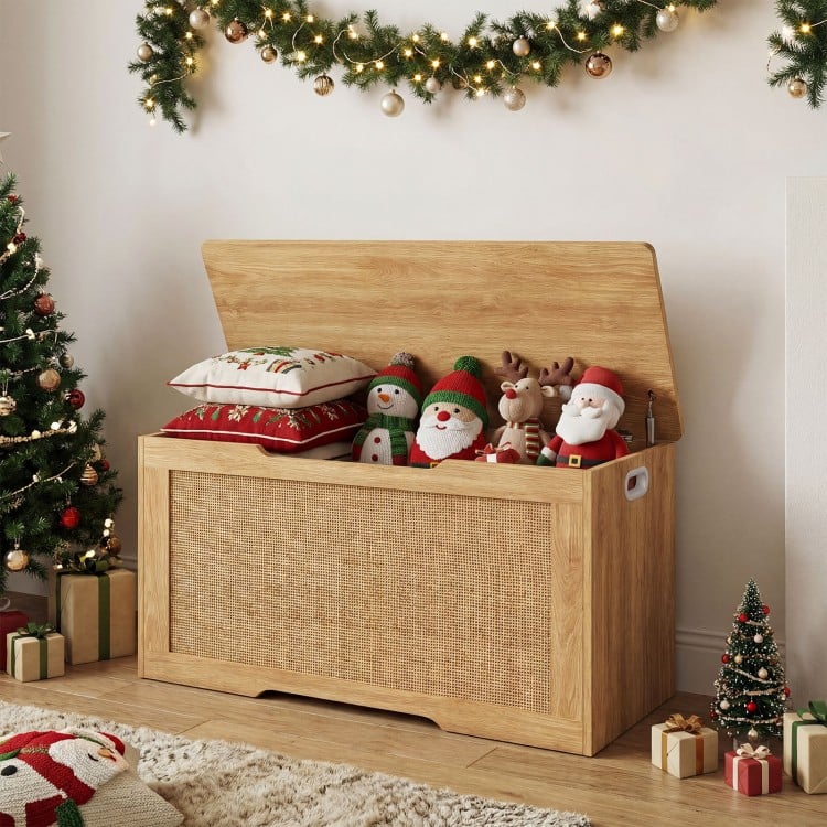 Kids storage bench with flip-top, rattan texture, and handles, perfect for toys and as a shoe bench in playrooms.