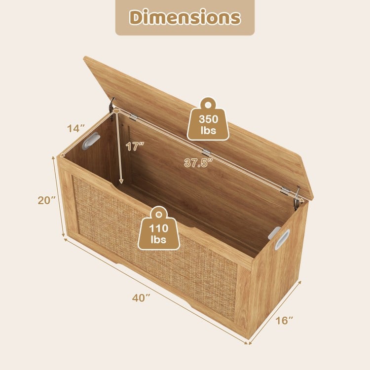 Kids storage bench with flip-top design, natural wood and rattan texture, ideal for toys and versatile use in playrooms.