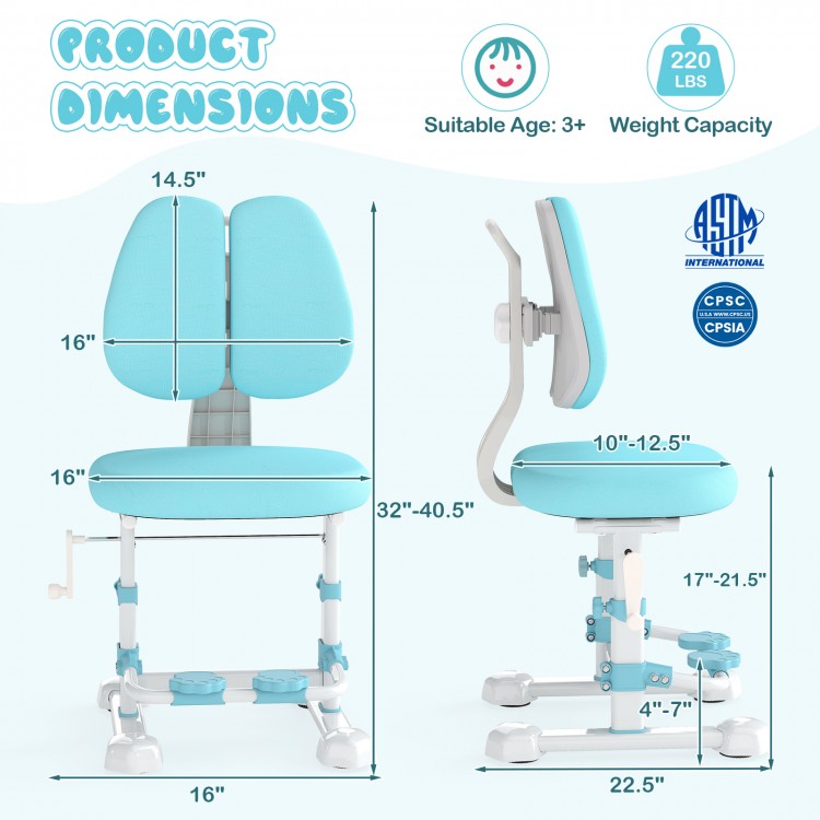 Dimensions of the kids study chair in blue, highlighting adjustable features for optimal comfort and support as kids.