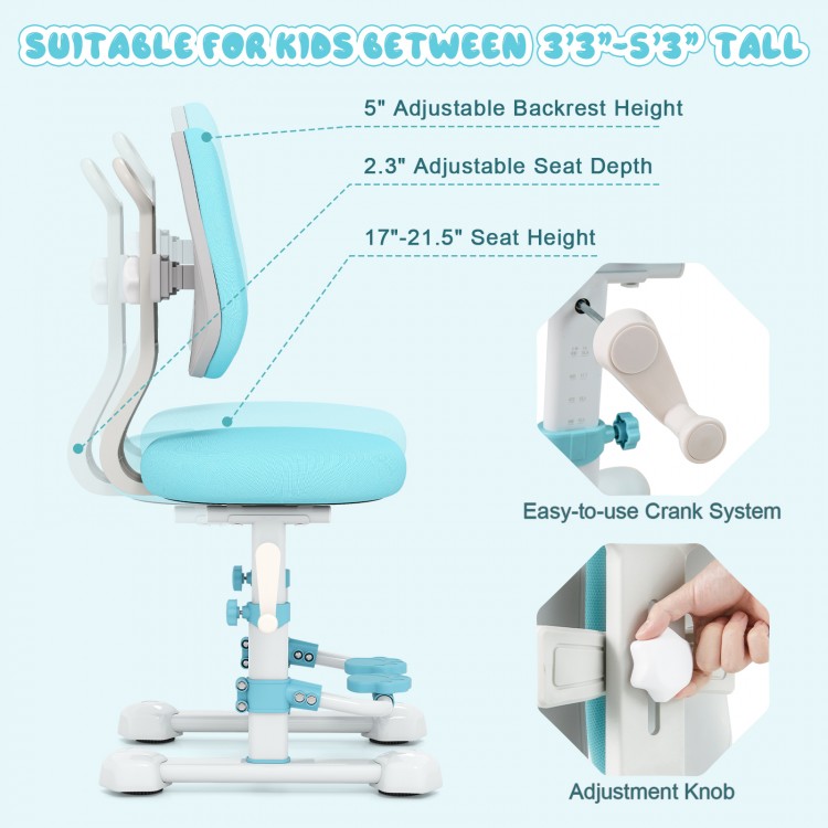 Kids study chair in blue with adjustable backrest and footrest, designed for comfort and proper posture support.