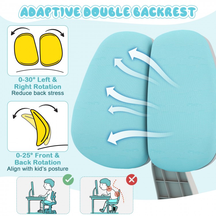 Adjustable double backrest of kids study chair in blue, promoting proper posture and comfort for growing children.