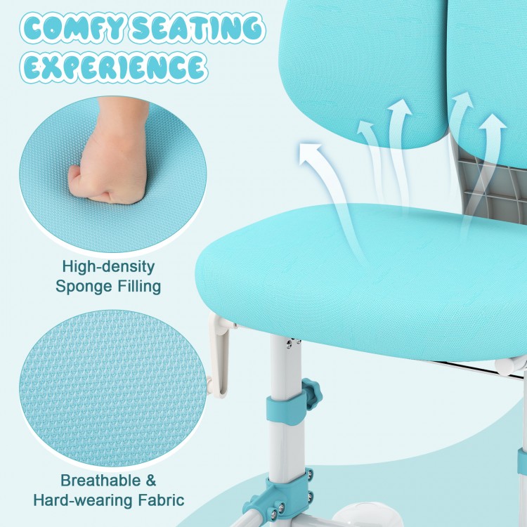 Kids study chair in blue featuring high-density sponge filling and breathable fabric for comfort during long study.