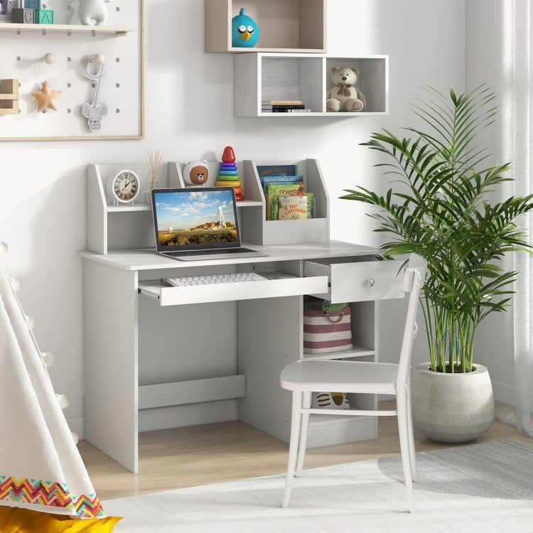Kids study desk in white with hutch, drawer, and keyboard tray, perfect for bedrooms or study areas.