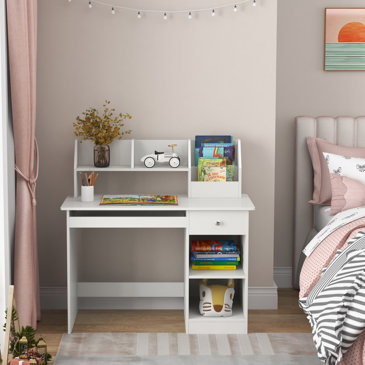 Kids study desk in white with hutch, drawer, and shelves, ideal for children's bedrooms or study spaces.