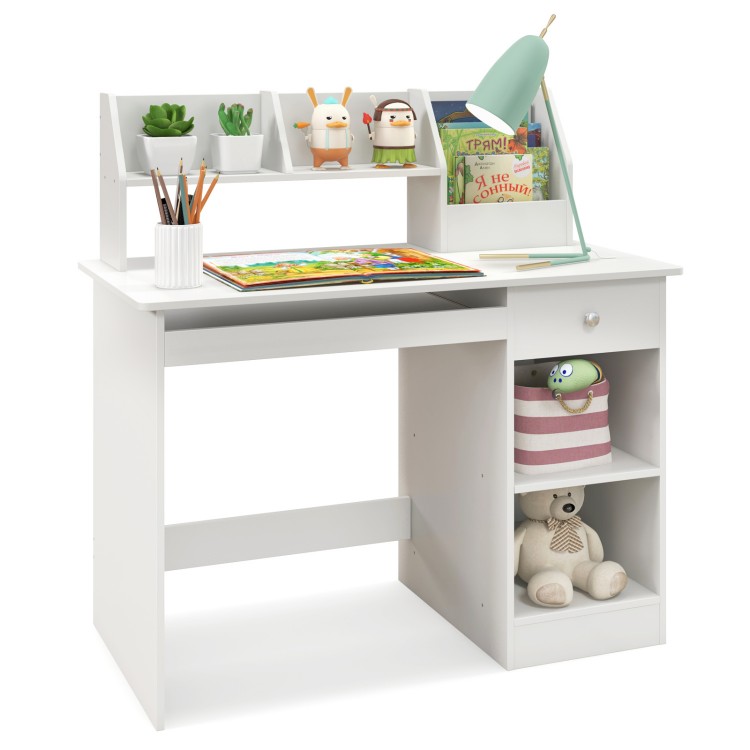 Kids study desk in white with hutch, drawer, and shelves, perfect for children's writing and study areas.