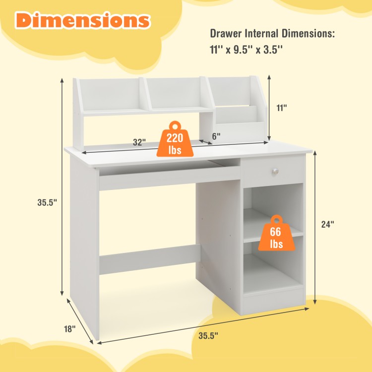 Kids study desk with hutch, drawer, and shelves; white finish; ideal for children's writing and study spaces.