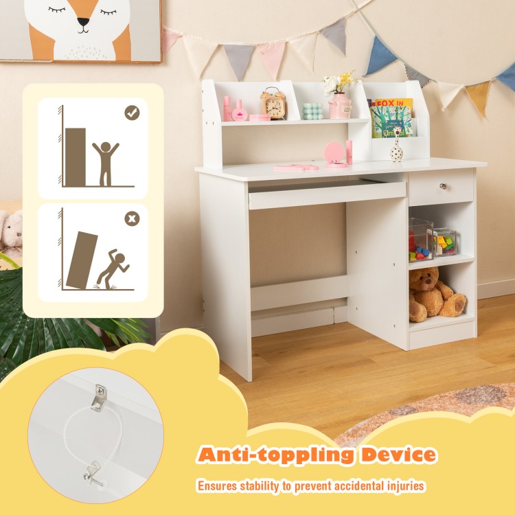 Kids study desk in white with hutch, drawer, and keyboard tray, featuring an anti-tipping device for safety.