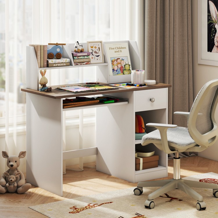 Kids study desk with natural finish, featuring a drawer, shelves, and keyboard tray for organized learning space.