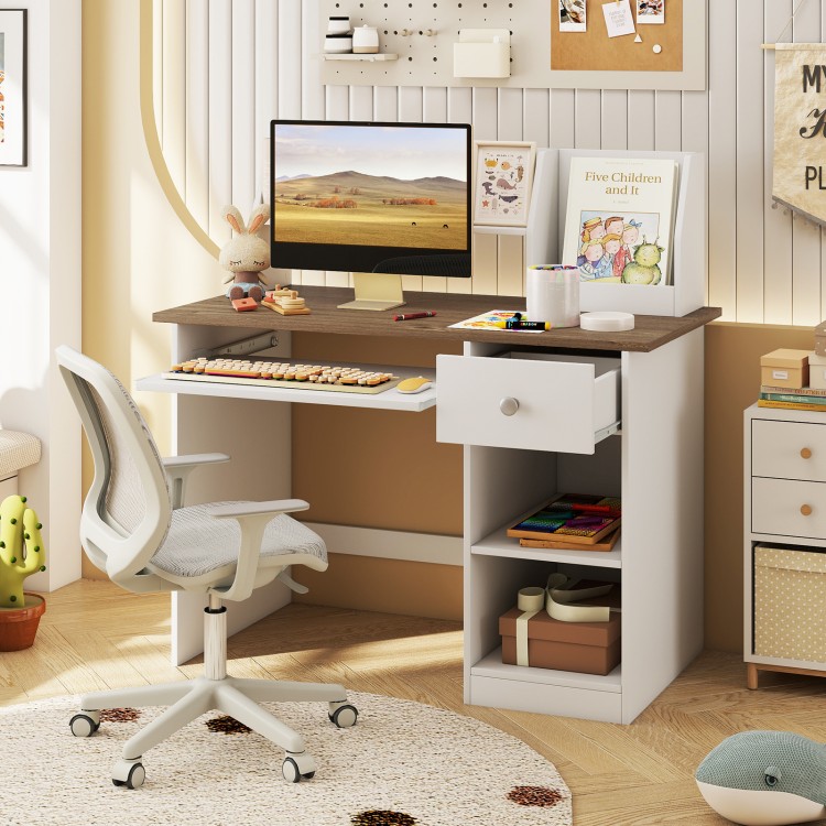 Kids study desk with a drawer and shelves, featuring a natural finish and ample storage for books and supplies.