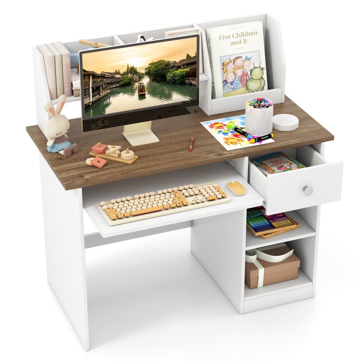 Kids study desk with natural wood top, drawer, and shelves for ample storage, perfect for organizing school supplies.