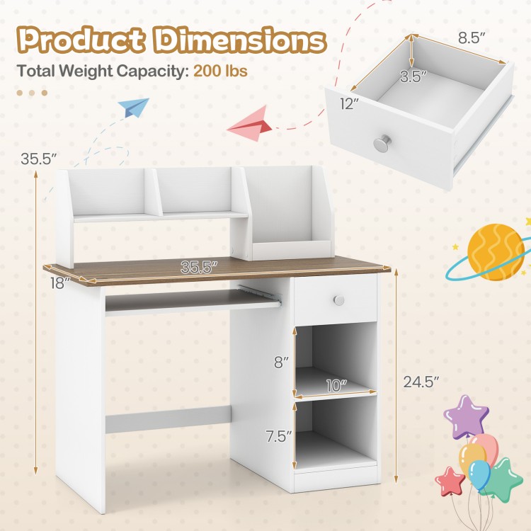 Kids study desk with drawer and shelves, featuring a natural finish, ample storage, and anti-toppling design for safety.