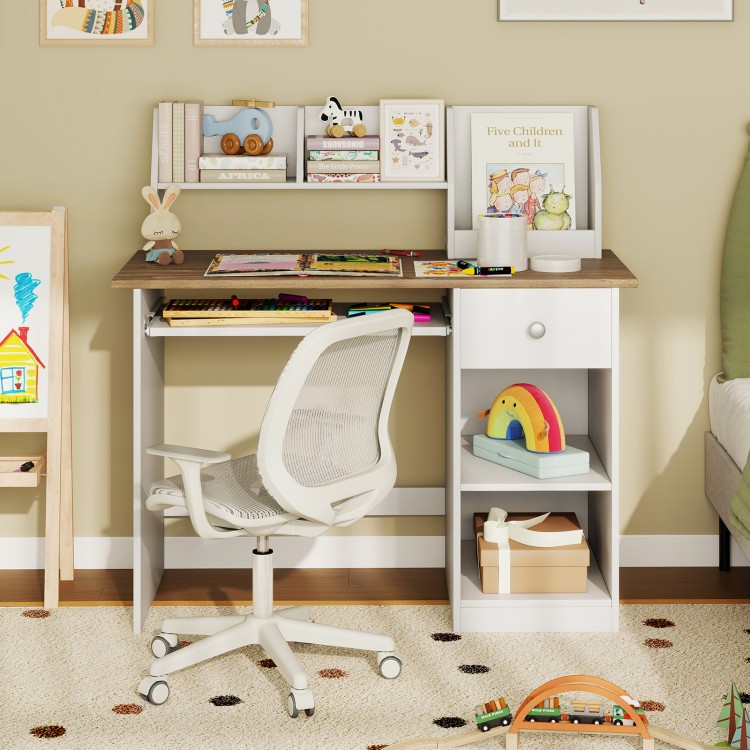 Kids study desk with drawer and shelves in natural finish, featuring a keyboard tray and ample storage for school.