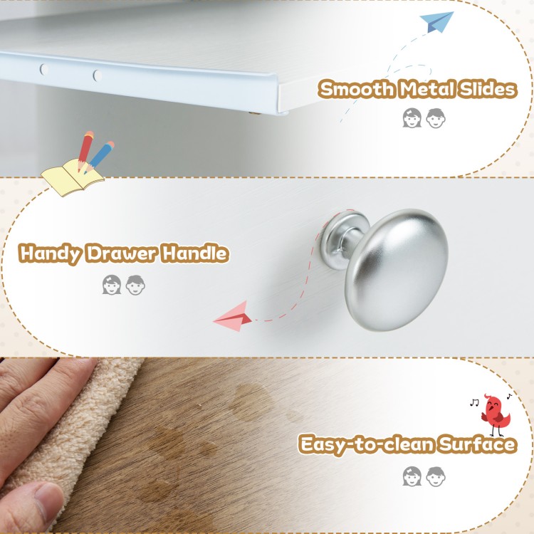 Smooth metal slides and handy drawer handle on the kids study desk for easy access and storage of supplies.
