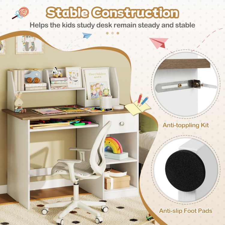 Kids study desk with ample storage, anti-toppling design, and anti-slip foot pads for stability and safety.