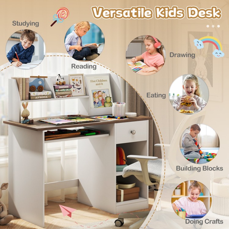 Kids study desk with drawer and shelves, featuring a natural finish, ideal for studying, drawing, and organizing.