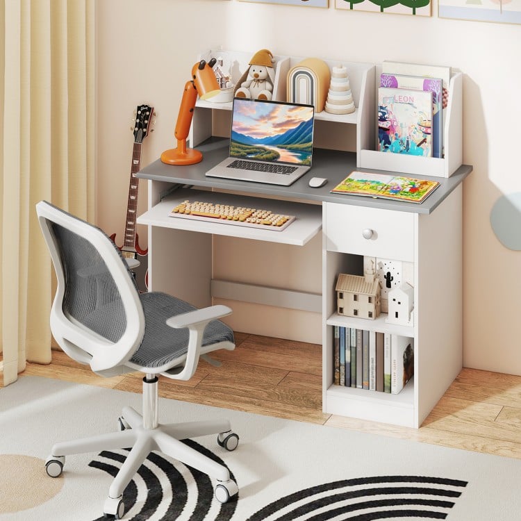 Kids study desk in gray with a comfortable ergonomic chair, featuring a hutch, drawer, and ample storage for supplies.
