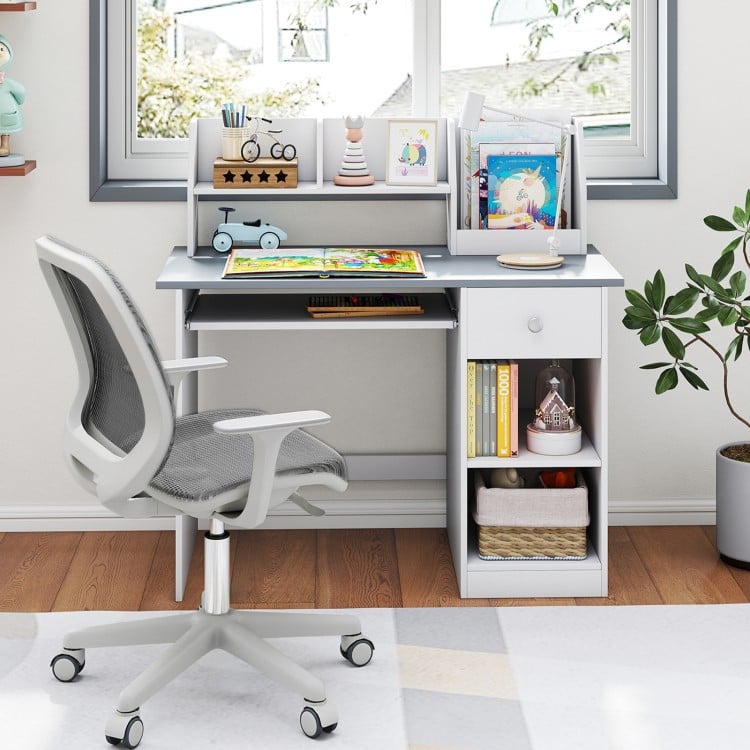 Kids study desk in gray with a spacious keyboard tray, drawer, and upper shelves, perfect for organizing school supplies.