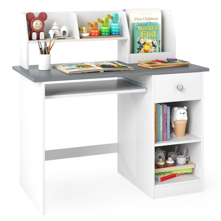 Kids study desk in gray with hutch, drawer, and shelves for ample storage of books and school supplies.