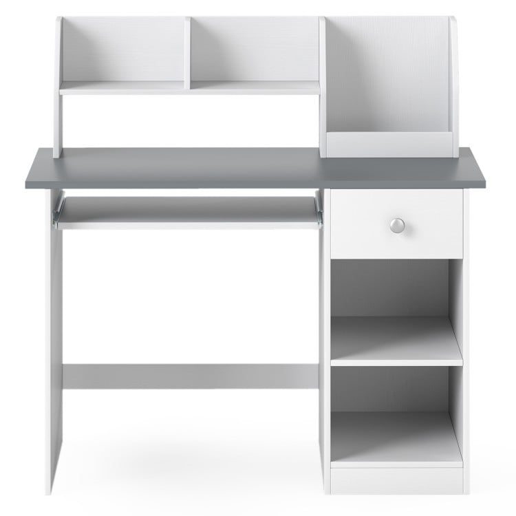 Kids study desk in gray featuring a hutch, drawer, and shelves for organized storage of books and supplies.