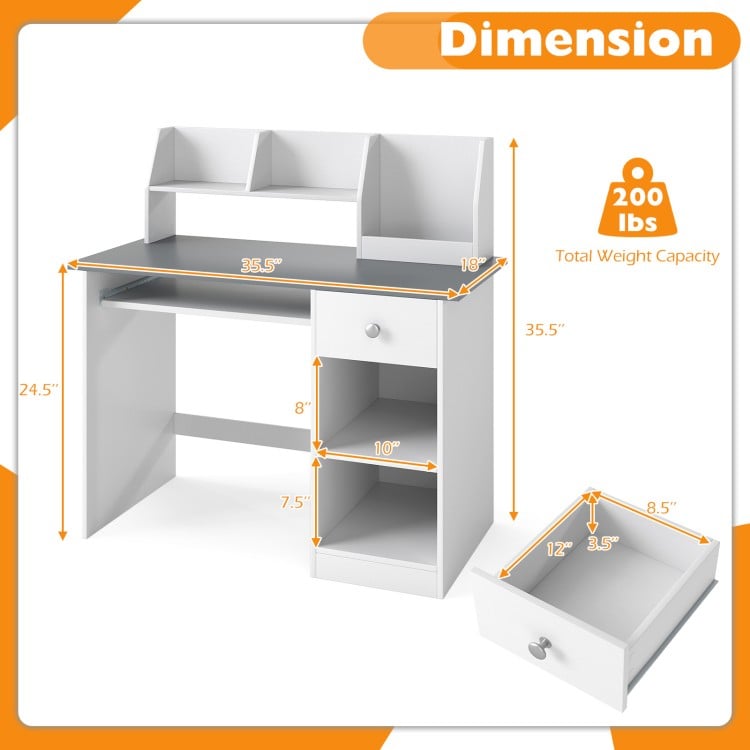 Kids study desk in gray featuring a hutch, drawer, and shelves for ample storage and safety with rounded corners.