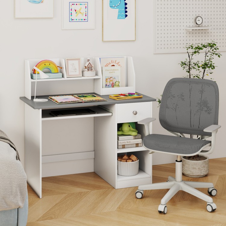 Kids study desk in gray with hutch, drawer, and shelves for ample storage and safety features, ideal for children's use.