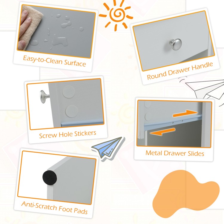 Kids study desk in gray featuring a smooth surface, round drawer handle, and anti-scratch foot pads for stability.